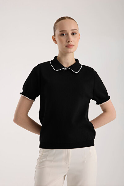 İLKCET MODA Γυναικείο πλεκτό με λεπτό λαιμόκοψη και λεπτομέρεια στο μανίκι