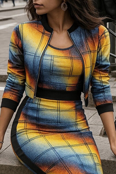 Butik Women's Long Sleeve Strap Round Neck Pattern Diver Blouse Jacket and Skirt Triple Suit