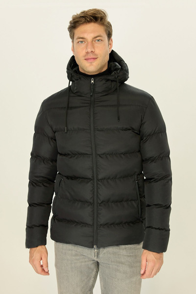 RİVERCLUP Schwarzer, dick gefütterter, winddichter Wintermantel mit Kapuze für Herren