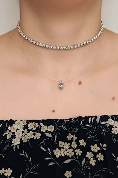 TakıConcept Kristal Taşlı İkili Hayalet Choker, Kadın Kolye, Şeffaf Kolye