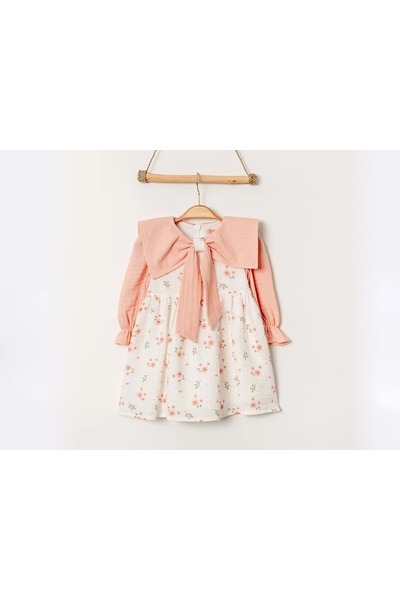 atabay Flowered Collar Bow Detail Dress Salmon