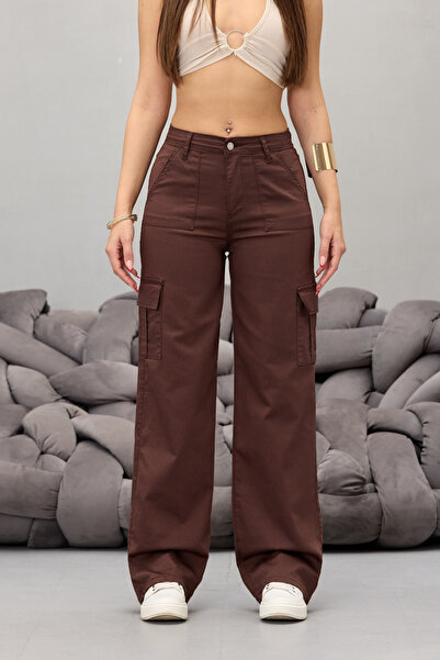BİKELİFE Hnědé kalhoty Cargo Pocket Lycra s vysokým pasem a širokými nohavicemi