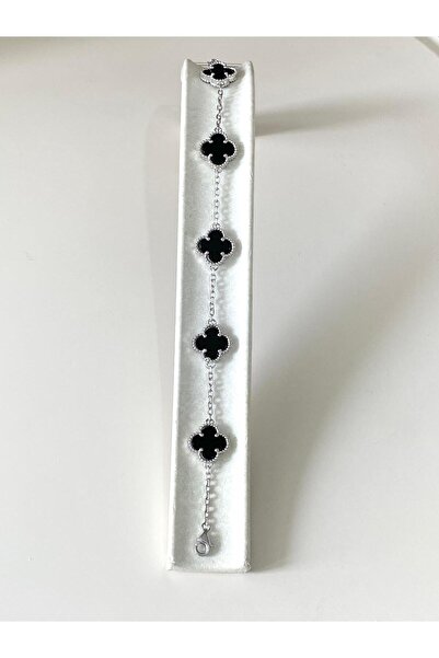 Siset Gümüş 925 Ayar Rodyum Kaplama Unısex Beş Yoncalı Siyah Taşlı Gümüş Bileklik