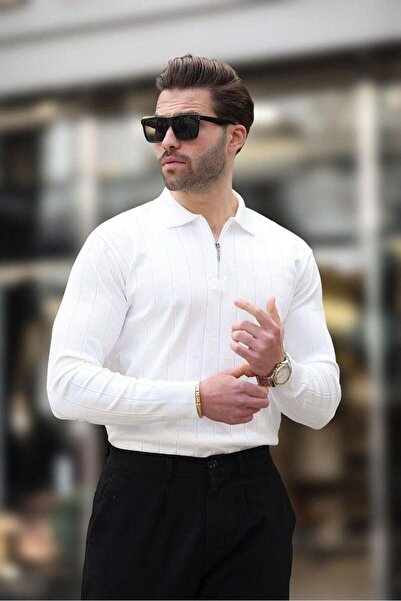 ribana Чоловічий Slim Fit Поло з коміром на блискавці з каймою Трикотажний светр - 4001