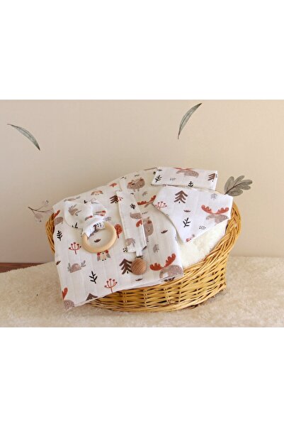 Uniq Baby %100 Pamuk 5'li Müslin Yeni Doğan Bebek Seti - Sevimli Orman Dostları Desenli