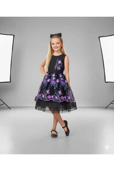 Genel Markalar Tokalı Astarlı Kız Çocuk Çiçek Nakışlı Abiye Elbise ( Bir Beden Büyük Tercih Edilebilir )