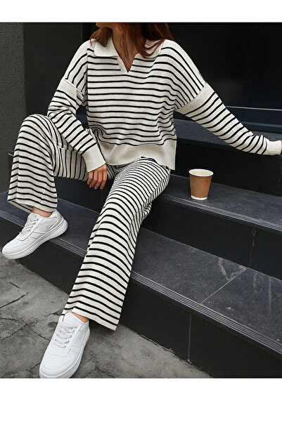 Cloudy Kids Striped Shirt Collar Women's Knitwear Set