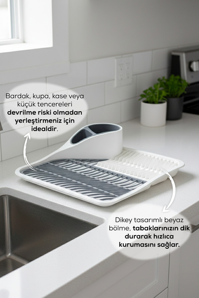 Vienev Tezgah Üstü Modern Bulaşıklık Beyaz | Kaşıklıklı Bulaşık Kurutma Sepeti
