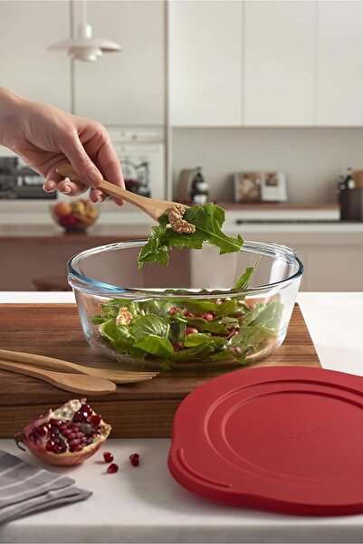 Paşabahçe Plastik Kırmızı Kapaklı, Borcam Yuvarlak Şeffaf Fırın Kabı, 1.45 Litre