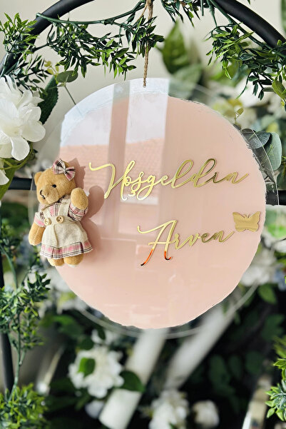 RetroLazer Şeffaf Boyalı Pleksi Ayıcıklı Bebek Kapı Süsü İsimlik Makrome 30x3...