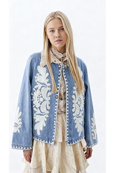 Matcha Butik سترة جينز بوهيمية مطرزة باللون الأزرق للنساء، سترة دنيم على الطر...