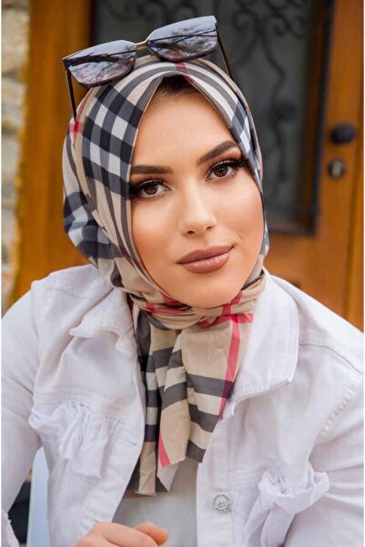 Aişe tesettür Μπεζ καρό μοτίβο Φουλάρι έτοιμο για σύνδεση
