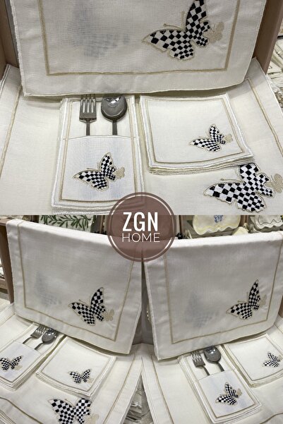 ZGNHome طقم أدوات مائدة أمريكي مطرز باللون البيج الفراشي يتكون من 19 قطعة لـ ...