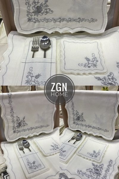 ZGNHome 19 Piece 6 Person Rose Silver Embroidered American Dinner Set