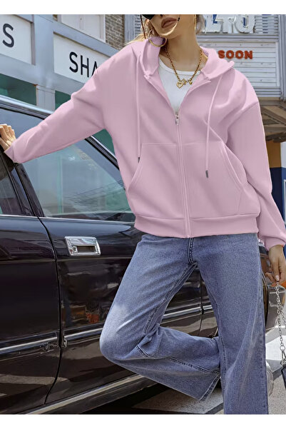 LG LAGULER VESTITI Άνετο μαλακό υφήματος με 3 κλωστές ροζ φούτερ με φερμουάρ για το φθινόπωρο και το χειμώνα