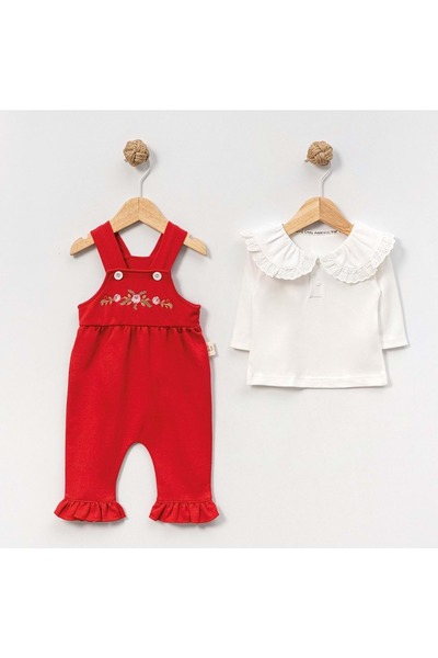 LOVE MAXX Flower Embroidered Salopet Flawed Bluz Set Red