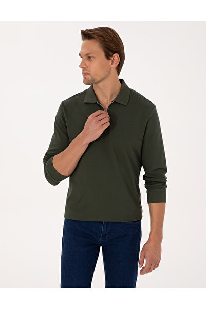 Pierre Cardin Hanorac Basic Pike, verde închis, croială slim, fără rulare, cu fermoar și guler polo 50314046-VR079