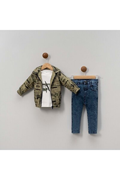 Necix's Printed Jacket with Denim Pants Three-Piece Set Khaki