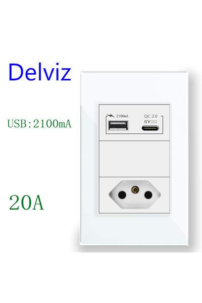 Choice 110-250V White ( 20A ) Delviz USBC Charging Wall Socket, 5V USB Ports Electric plug 10A Outlet,120mm