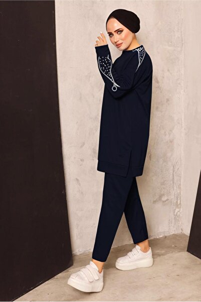 TRENDTESETTÜR KADIN LACİVERT (K.LACİVERT) İNCİ DETAYLI PANTOLONLU TAKIM T 8672