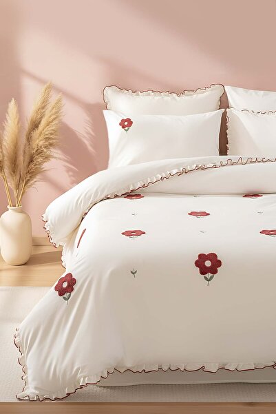 Rivaİstanbul Florita Cherry Double 100% Cotton Embroidered Duvet Cover Set & Dowry Set