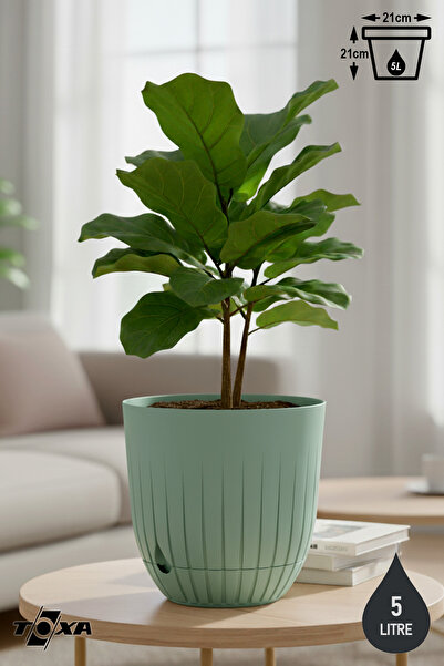 ToXA Çizgi Saksı 5 Litre Plastik Delikli Tabaklı Çiçek Saksısı