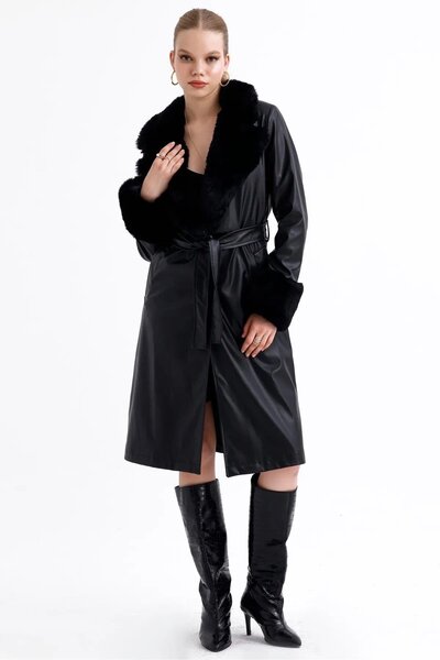 KASİDE Collar and Ankle Fur Leather Coat