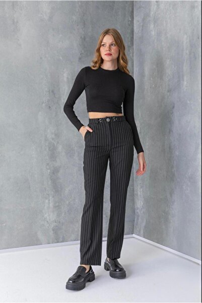 ribana Stone Striped Fabric Pants with Belt Button