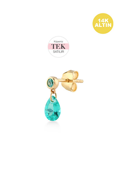 KURSHUNI Shining Pear, 14 Ayar Altın Küpe (TEK Satılır)