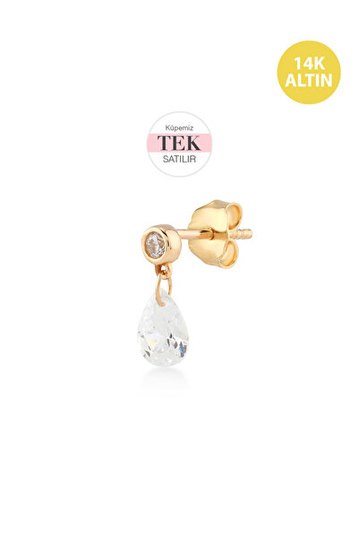 KURSHUNI Shining Pear, 14 Ayar Altın Küpe (TEK Satılır)