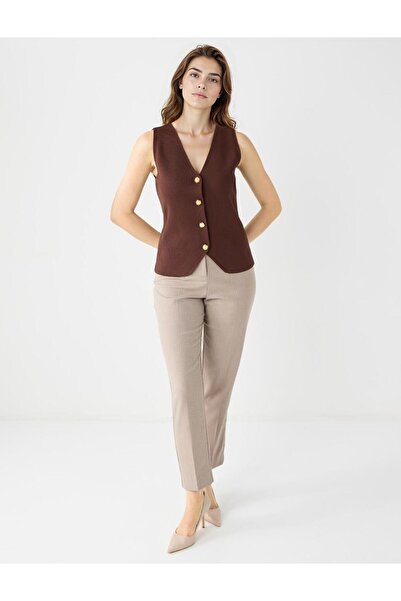 Jimmy Key Beige Melange Regular Leg High Waist Straight Cut Woven Trousers