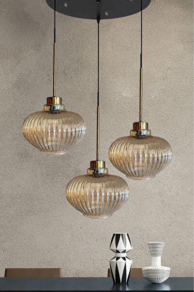 Bamyum Ruiz Cam Bal Rengi İnce Eskitme Başlık Üçlü Avize Retro Sarkıt Lamba Salon Aydınlatma