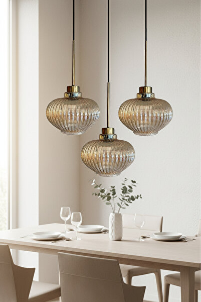 Bamyum Ruiz Cam Bal Rengi İnce Eskitme Başlık Üçlü Avize Retro Sarkıt Lamba Salon Aydınlatma