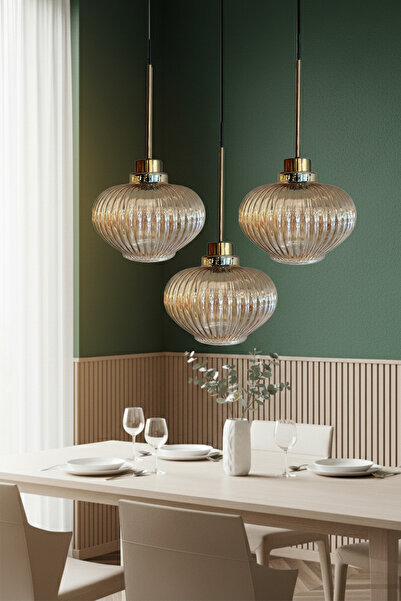 Bamyum Ruiz Cam Bal Rengi İnce Eskitme Başlık Üçlü Avize Retro Sarkıt Lamba Salon Aydınlatma