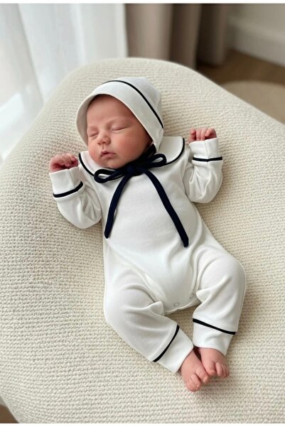 BEBERAZZİ طقم بذلة للأطفال حديثي الولادة باللون الأبيض والأزرق الداكن مع قبعة...