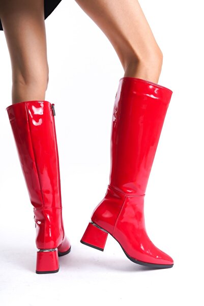 Limeo Lakkbőr piros sarkú fényes csizma - térd alatt, cipzáras, hosszú