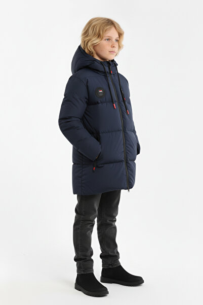 QAWWA Fiú sötétkék szálas kapucnis szélálló puffos télikabát