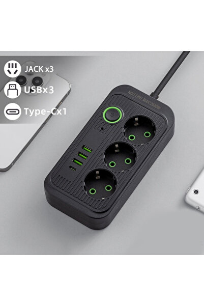 varioshop Prelungitor 2m VarioShop, 3 prize, 4 porturi USB și 1 port USB-C, soluție inteligentă de încărcare multiplă,