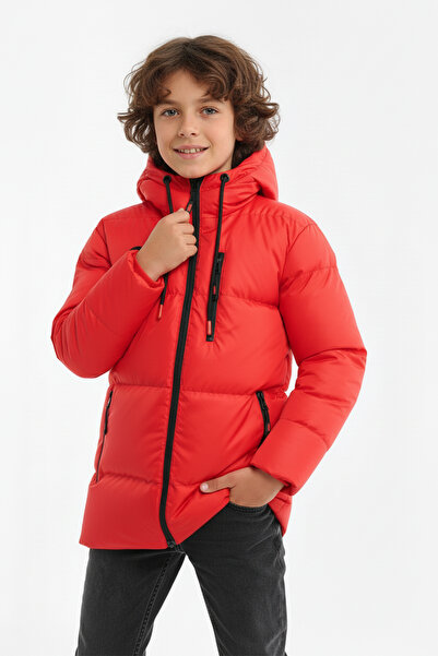 QAWWA Boy's Red Fiber Hooded Windproof Puffer Winter Jacket