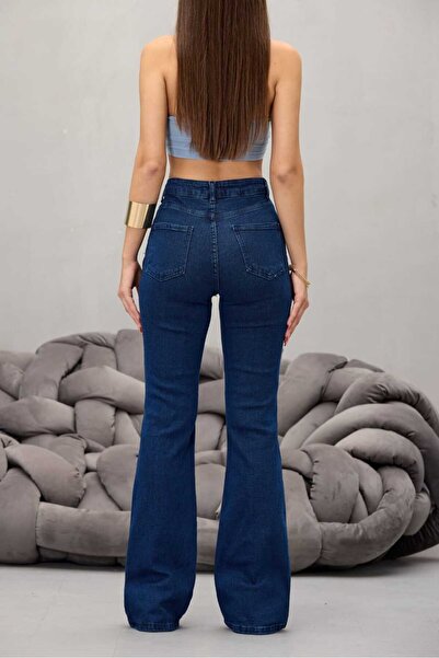 BİKELİFE Dámské námořnické modré džíny s vysokým pasem a pružnými flare nohama