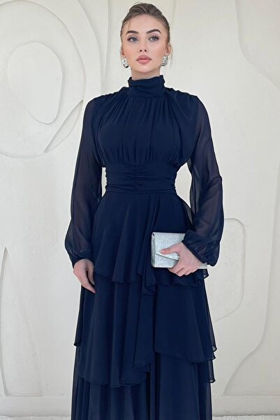 Elbee Fashion Woman Rochie albastru bleumarin cu guler vertical cu detaliu în...