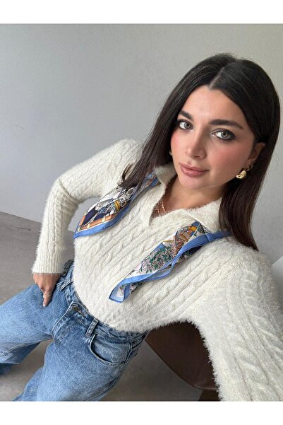 Polo State Women's Polo Neck Hair Braided Knitwear Sweater Ecru