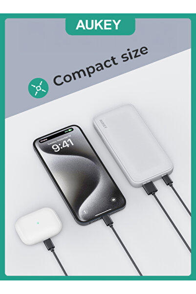 AUKEY PB-Y46 Spark Go 10,000mAh, 15W PD, Fast Charging Power Bank,1xUSB-A and 1xUSB-C, White.