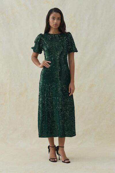 Elbee Fashion Woman Φόρεμα με παγιέτες σμαραγδί μεσαίου μήκους