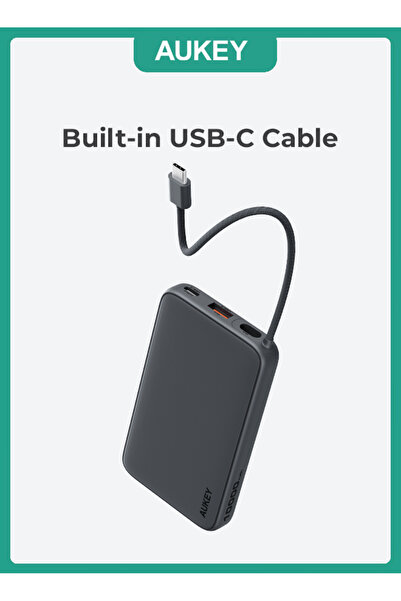 AUKEY 10,000mAh, Lite Slim Power Bank15W PD, Fast Charging, with Built-in USB-C Cable, Gray.