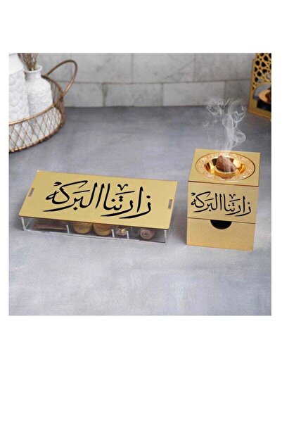 Story of candle Incense burner with a box for storing incense and for the incense itself, bearing the phrase "Blessings have visited us," Maroki oud, Vietnamese oud chips, lighter, and charcoal.