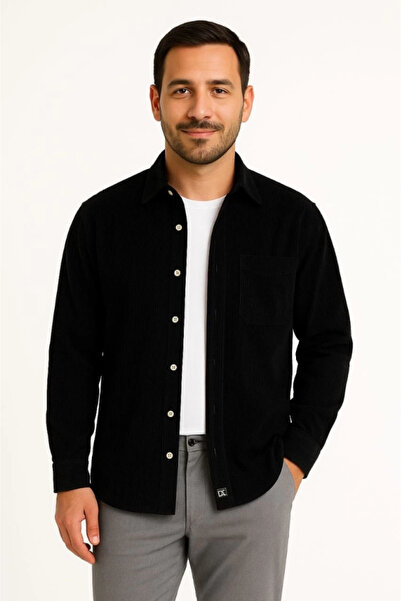 Butik Men's Corded Fabric Velvet Pocket Shirt Oversized Comfortable Fit - Black