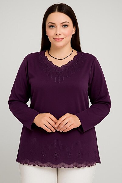 BURSPA Μπλούζα με χτενισμένη βαμβακερή μητρική μπλούζα με χαλαρή κοπή με λαιμόκοψη σε τούλι και μαργαριτάρι