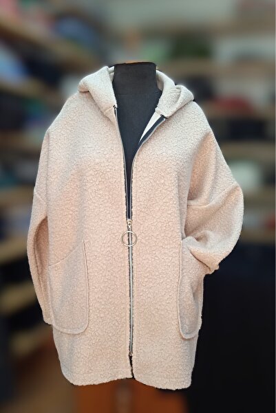 POPCORN Büyük Beden Buklet Kumaştan Krem Renk Fermuarlı Kapşonlu Astarsız Ceket