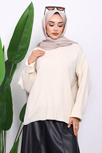 İmajButik Stone Crew Neck Soft Textured Oversized Knitwear Sweater